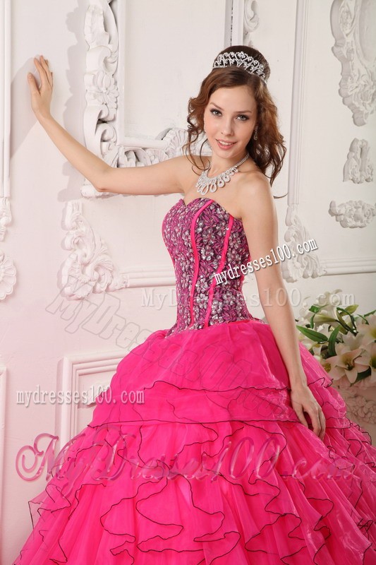 Sweetheart Hot Pink Floor-length Organza Beading Quinceanera Dress