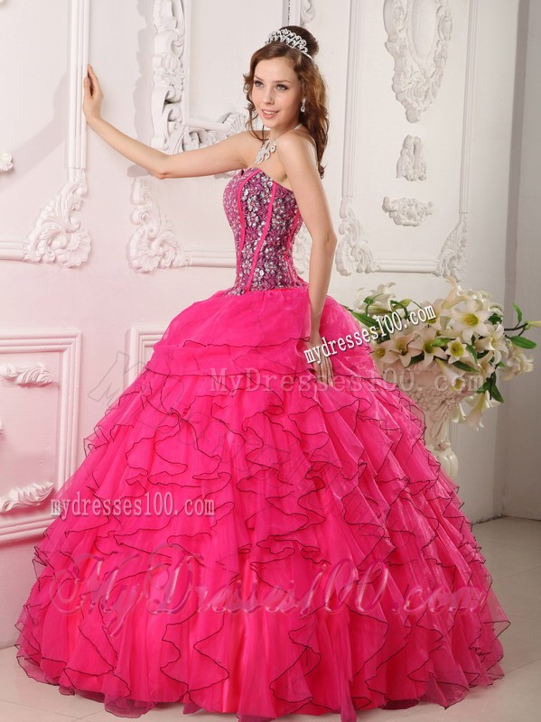 Sweetheart Hot Pink Floor-length Organza Beading Quinceanera Dress