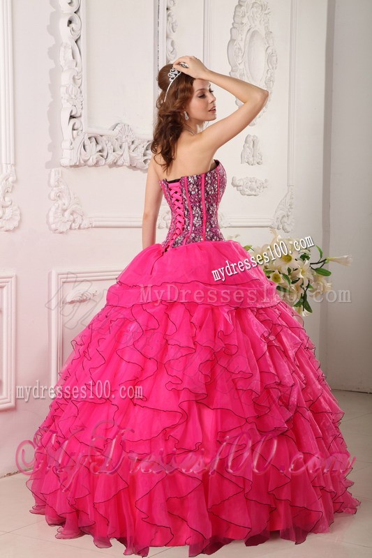 Sweetheart Hot Pink Floor-length Organza Beading Quinceanera Dress