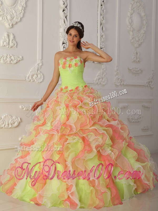 Multi-Color Strapless Long Organza Hand Made Flower Quinceanera Gown
