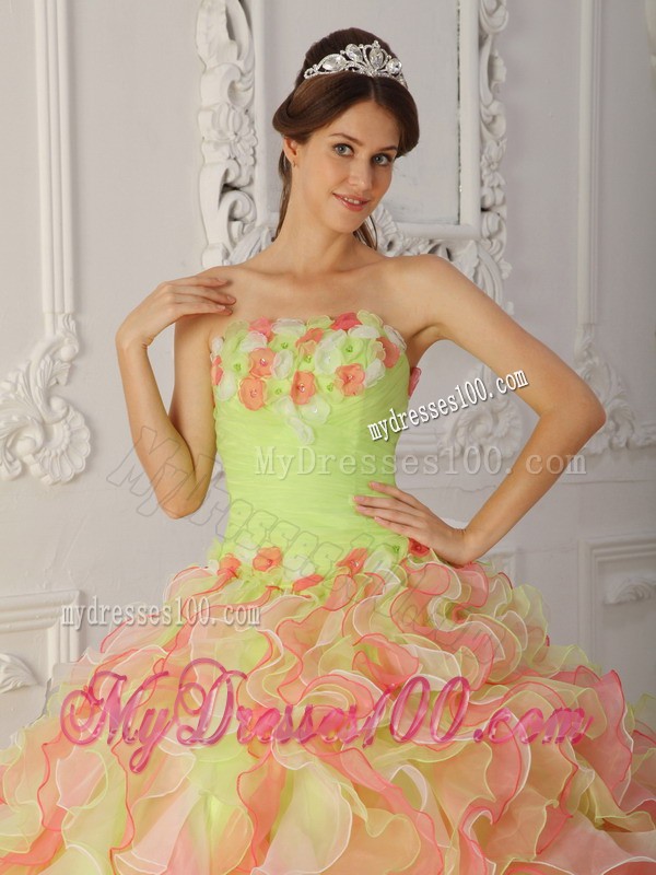 Multi-Color Strapless Long Organza Hand Made Flower Quinceanera Gown