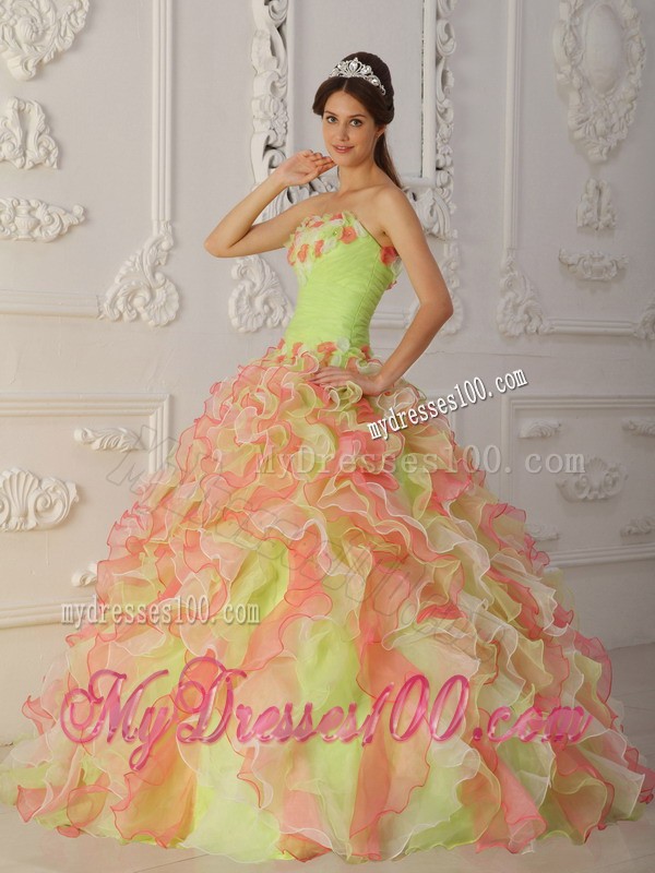 Multi-Color Strapless Long Organza Hand Made Flower Quinceanera Gown
