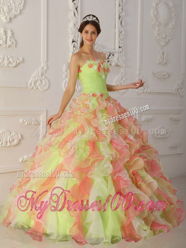 Multi-Color Strapless Long Organza Hand Made Flower Quinceanera Gown