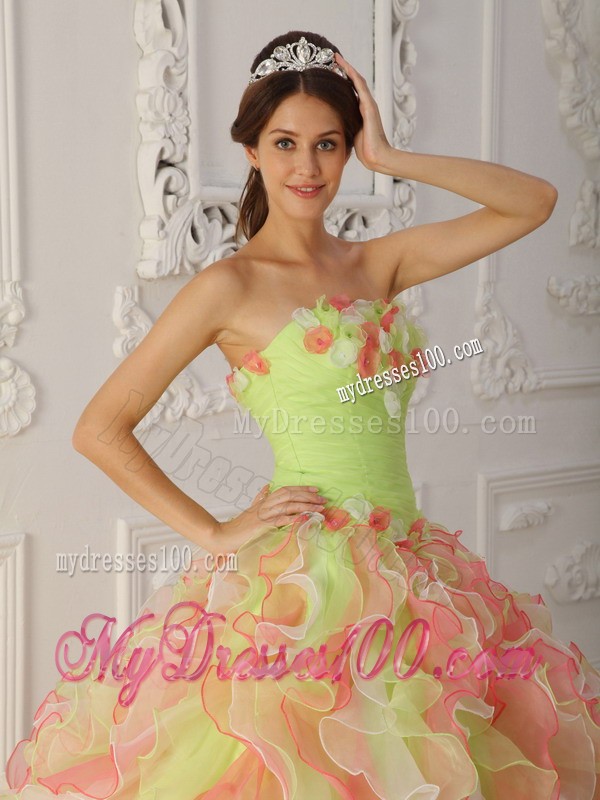 Multi-Color Strapless Long Organza Hand Made Flower Quinceanera Gown