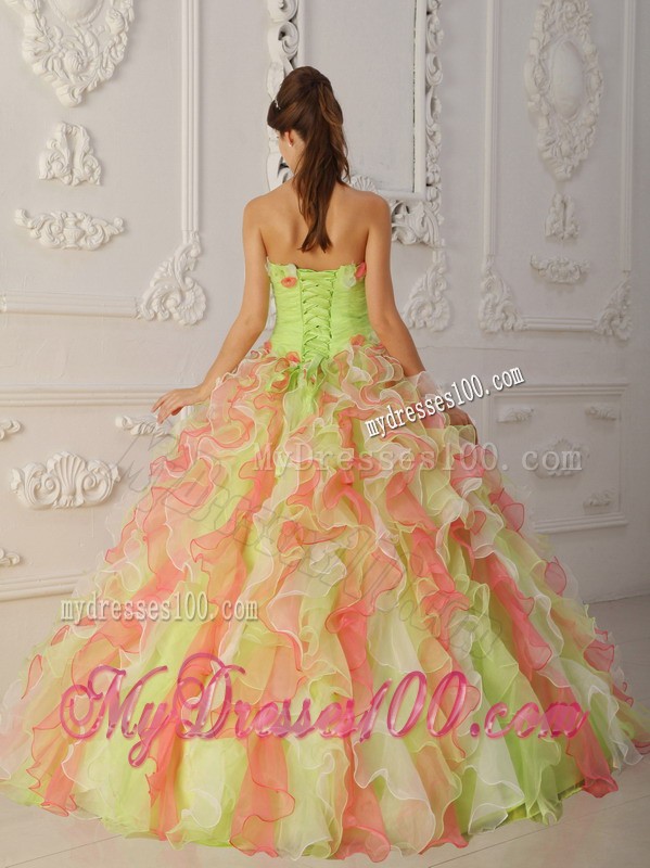 Multi-Color Strapless Long Organza Hand Made Flower Quinceanera Gown