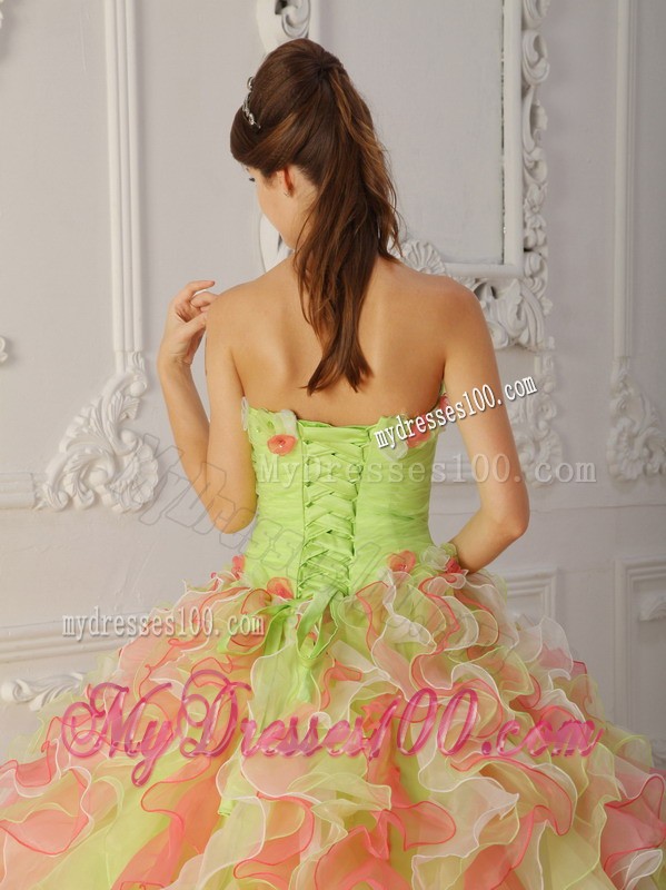 Multi-Color Strapless Long Organza Hand Made Flower Quinceanera Gown