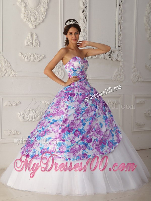 Multi-color Printed A-line Sweetheart Quinceanera Dress in Tulle