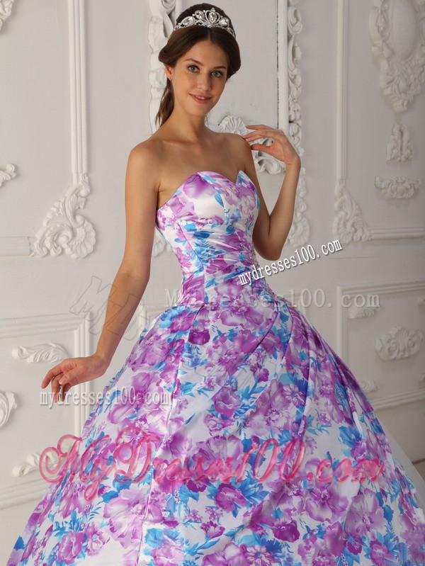 Multi-color Printed A-line Sweetheart Quinceanera Dress in Tulle
