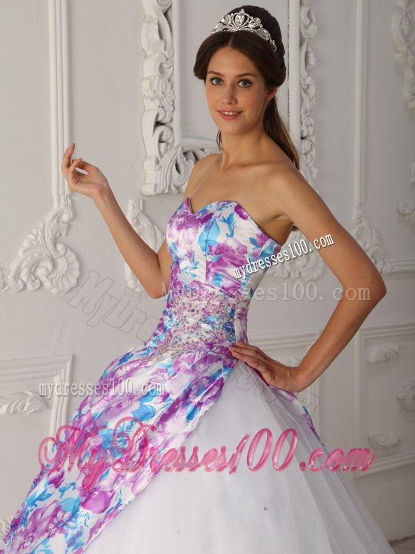 Multi-color Printed A-line Sweetheart Quinceanera Dress in Tulle