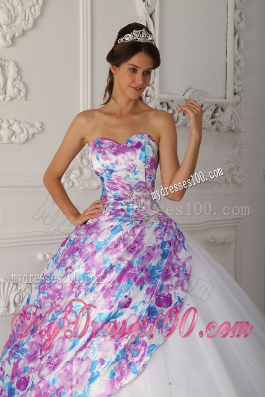 Multi-color Printed A-line Sweetheart Quinceanera Dress in Tulle