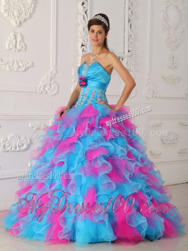 Multi-color Ruffles Strapless Quinceanera Dress with Appliques