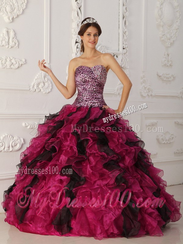 Multi-color Sweetheart Floor-length Leopard and Organza Quinceanera Dress