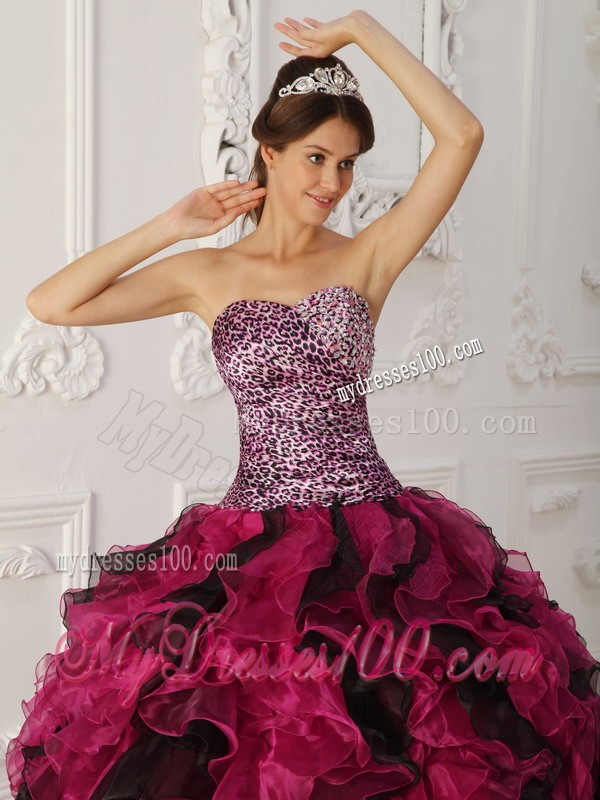 Multi-color Sweetheart Floor-length Leopard and Organza Quinceanera Dress