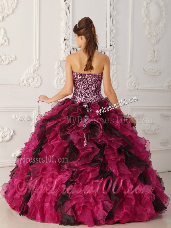 Multi-color Sweetheart Floor-length Leopard and Organza Quinceanera Dress