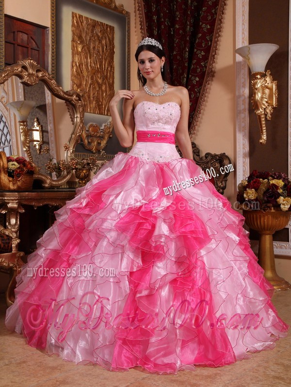 Two-toned Pink Sweetheart Beaded and Ruffled Quinceanera Dress
