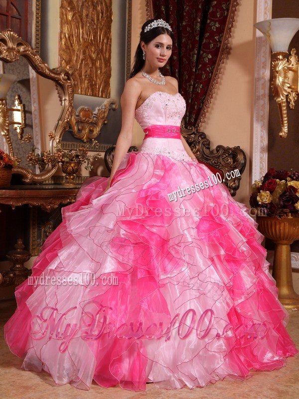 Two-toned Pink Sweetheart Beaded and Ruffled Quinceanera Dress