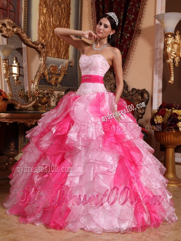 Two-toned Pink Sweetheart Beaded and Ruffled Quinceanera Dress