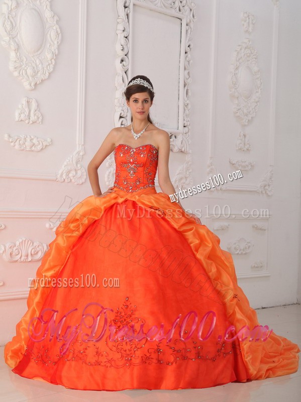 Orange Sweetheart Chapel Train Beaded Corset Quinceanera Dress
