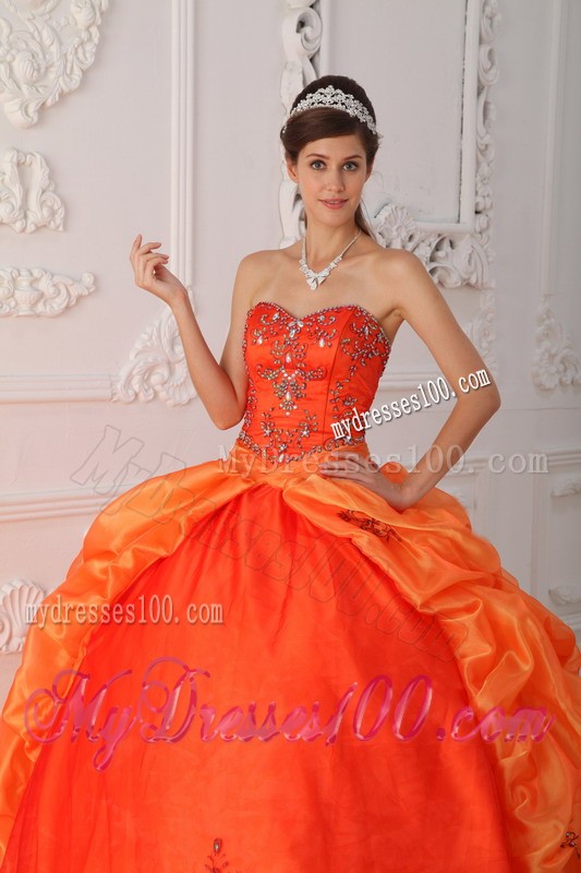 Orange Sweetheart Chapel Train Beaded Corset Quinceanera Dress