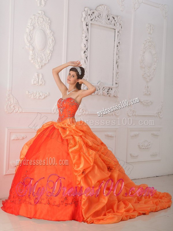 Orange Sweetheart Chapel Train Beaded Corset Quinceanera Dress