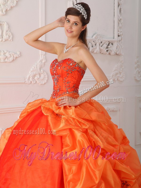 Orange Sweetheart Chapel Train Beaded Corset Quinceanera Dress