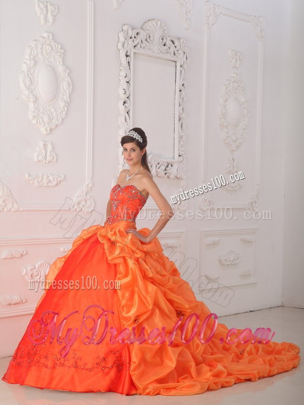 Orange Sweetheart Chapel Train Beaded Corset Quinceanera Dress