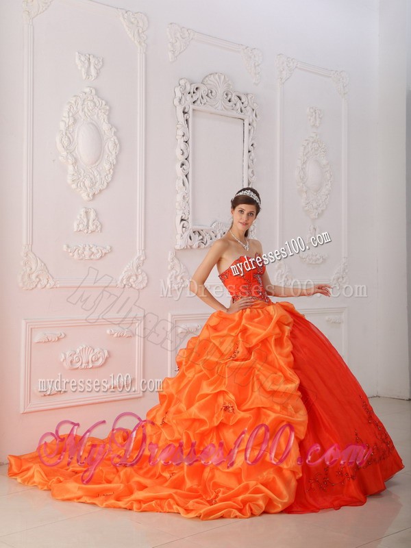Orange Sweetheart Chapel Train Beaded Corset Quinceanera Dress