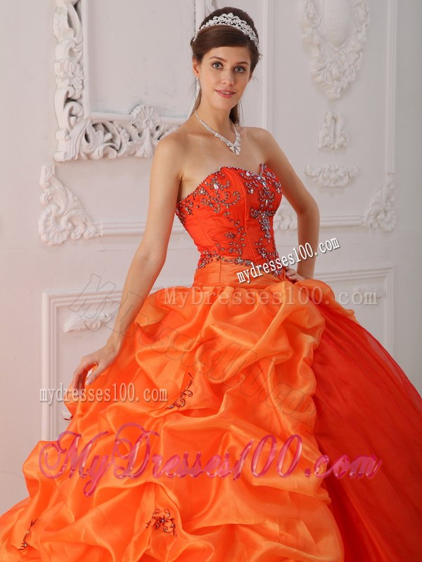 Orange Sweetheart Chapel Train Beaded Corset Quinceanera Dress