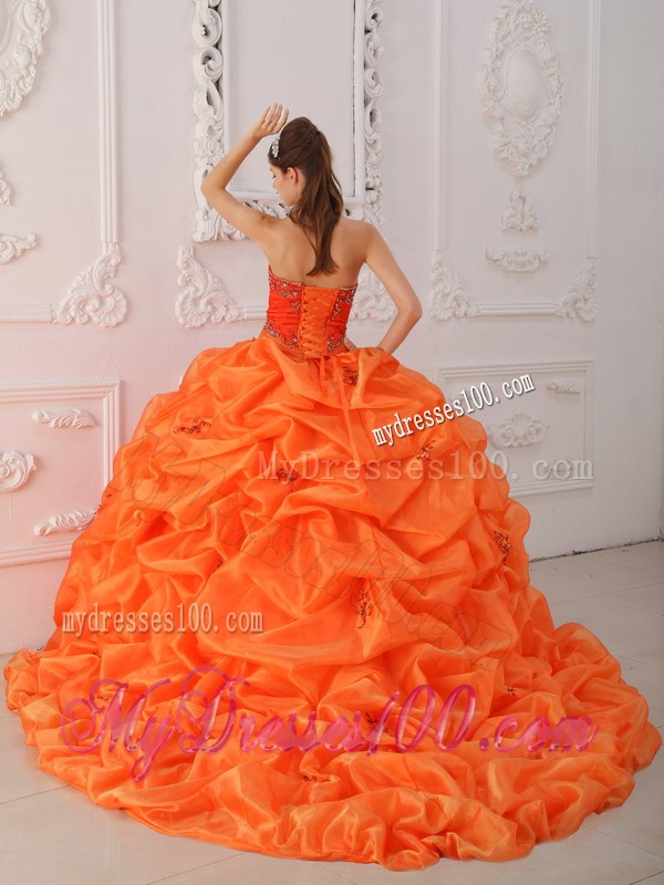 Orange Sweetheart Chapel Train Beaded Corset Quinceanera Dress