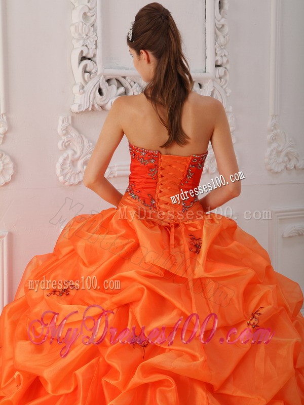 Orange Sweetheart Chapel Train Beaded Corset Quinceanera Dress