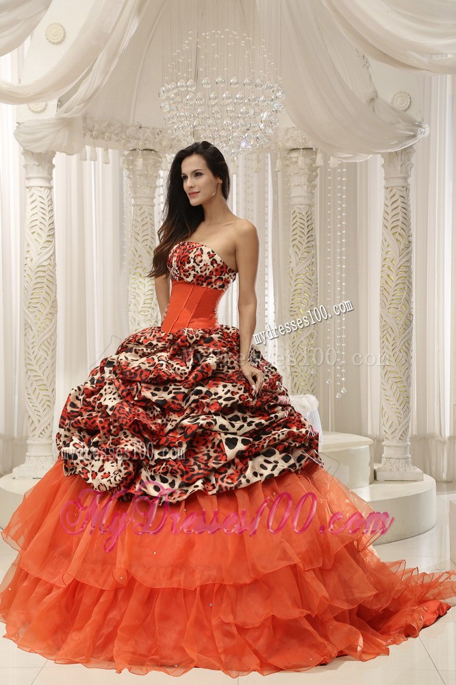 Organza and Leopard Quinceanera Dress With Beading Decorated