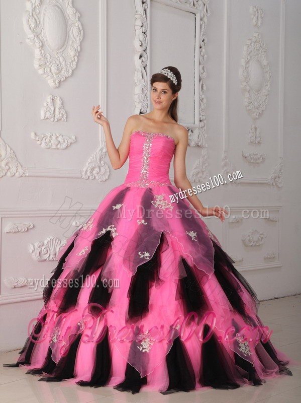 Top Pink and Black A-Line Strapless Appliques and Beading Quinceanera Gown