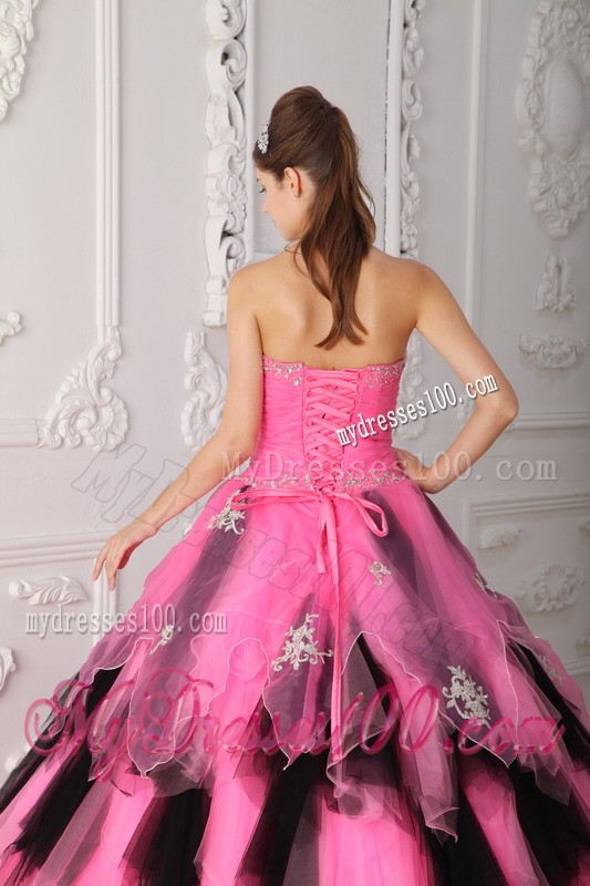 Top Pink and Black A-Line Strapless Appliques and Beading Quinceanera Gown
