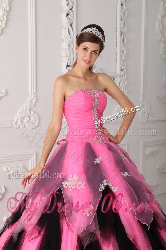 Top Pink and Black A-Line Strapless Appliques and Beading Quinceanera Gown