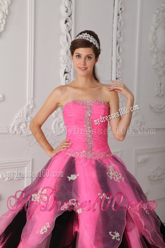 Top Pink and Black A-Line Strapless Appliques and Beading Quinceanera Gown