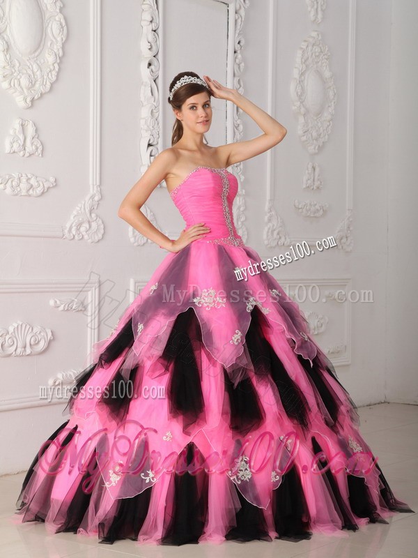 Top Pink and Black A-Line Strapless Appliques and Beading Quinceanera Gown