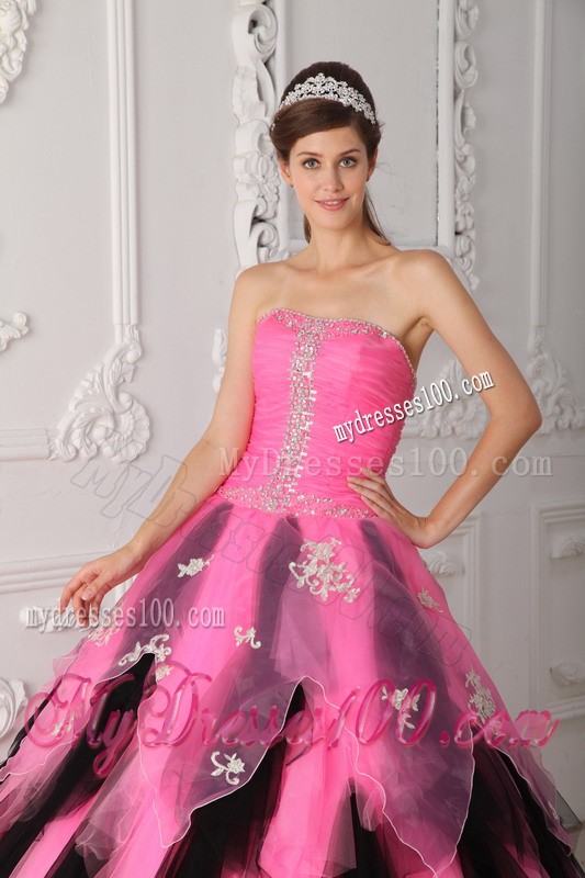Top Pink and Black A-Line Strapless Appliques and Beading Quinceanera Gown