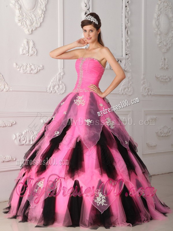 Top Pink and Black A-Line Strapless Appliques and Beading Quinceanera Gown