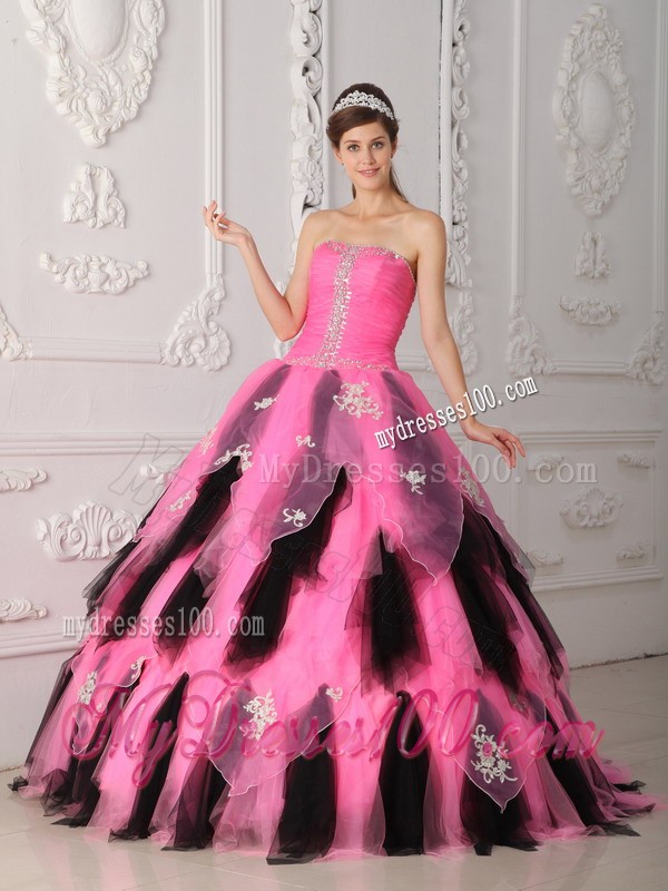 Top Pink and Black A-Line Strapless Appliques and Beading Quinceanera Gown