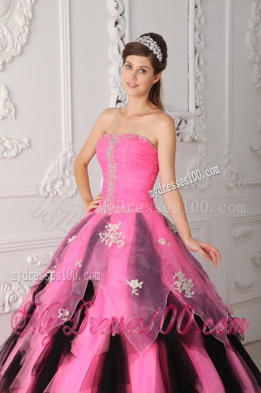 Top Pink and Black A-Line Strapless Appliques and Beading Quinceanera Gown