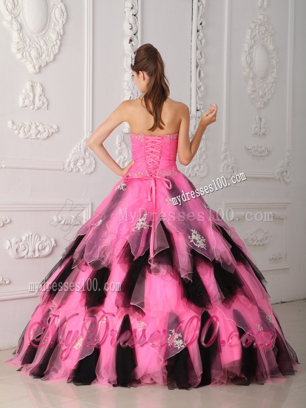 Top Pink and Black A-Line Strapless Appliques and Beading Quinceanera Gown
