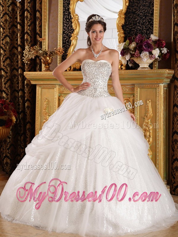 Popular White Sweetheart Sequined and Beaded Sweet 15 Dress