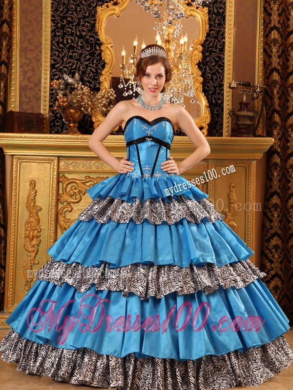 Unique Long Blue Sweetheart Taffeta Ruffled Zabra Sweet 15 Dresses