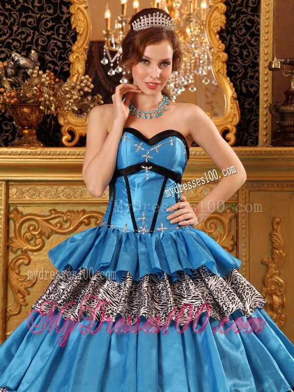 Unique Long Blue Sweetheart Taffeta Ruffled Zabra Sweet 15 Dresses