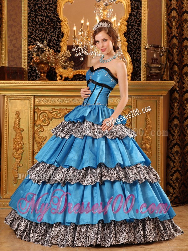 Unique Long Blue Sweetheart Taffeta Ruffled Zabra Sweet 15 Dresses