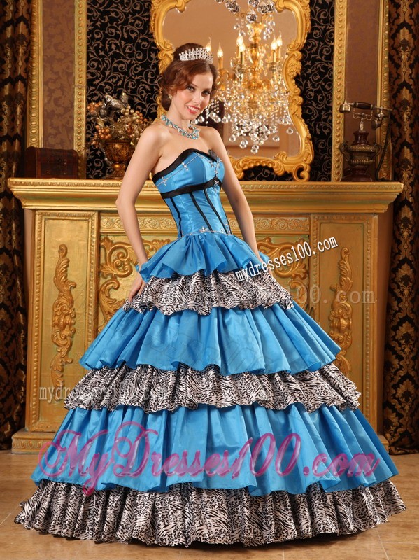 Unique Long Blue Sweetheart Taffeta Ruffled Zabra Sweet 15 Dresses