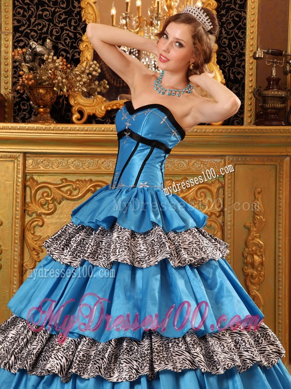 Unique Long Blue Sweetheart Taffeta Ruffled Zabra Sweet 15 Dresses