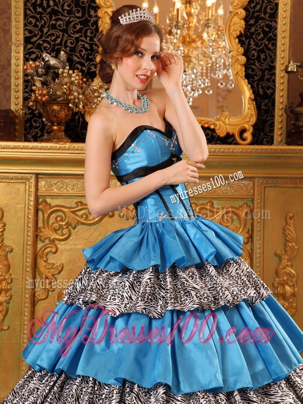 Unique Long Blue Sweetheart Taffeta Ruffled Zabra Sweet 15 Dresses