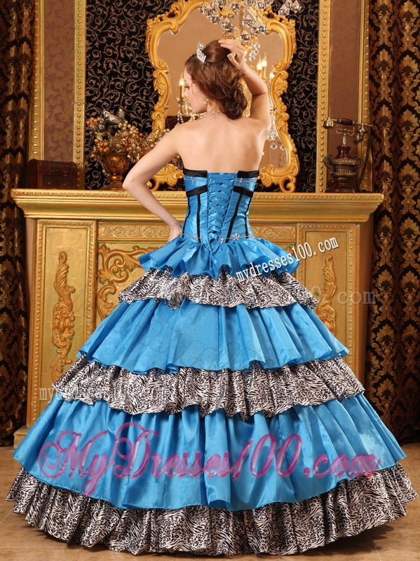 Unique Long Blue Sweetheart Taffeta Ruffled Zabra Sweet 15 Dresses