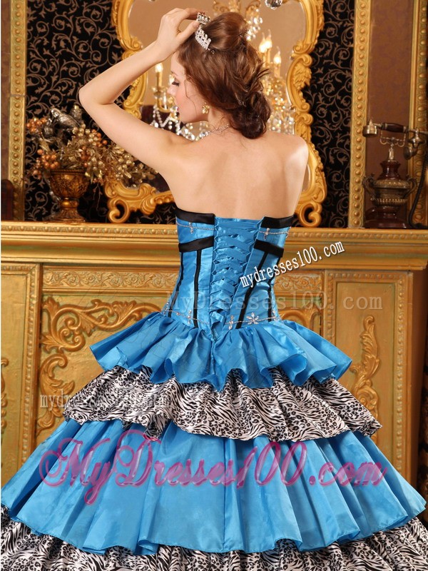 Unique Long Blue Sweetheart Taffeta Ruffled Zabra Sweet 15 Dresses